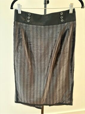 Tom K Nguyen Subtle Grey & Silver Striped Velvet Pencil Skirt with Black Detail